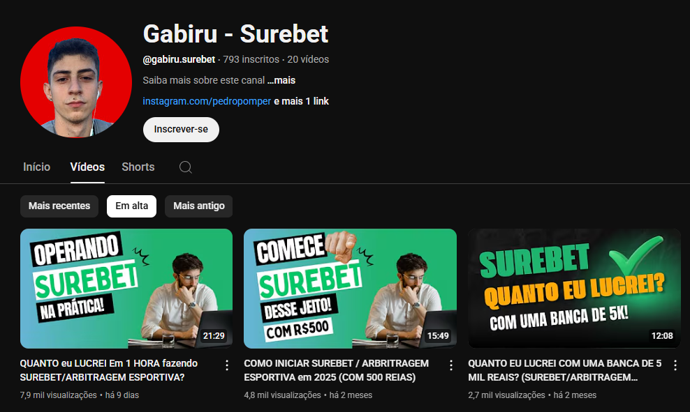 Canal do YouTube Gabiru - Surebet